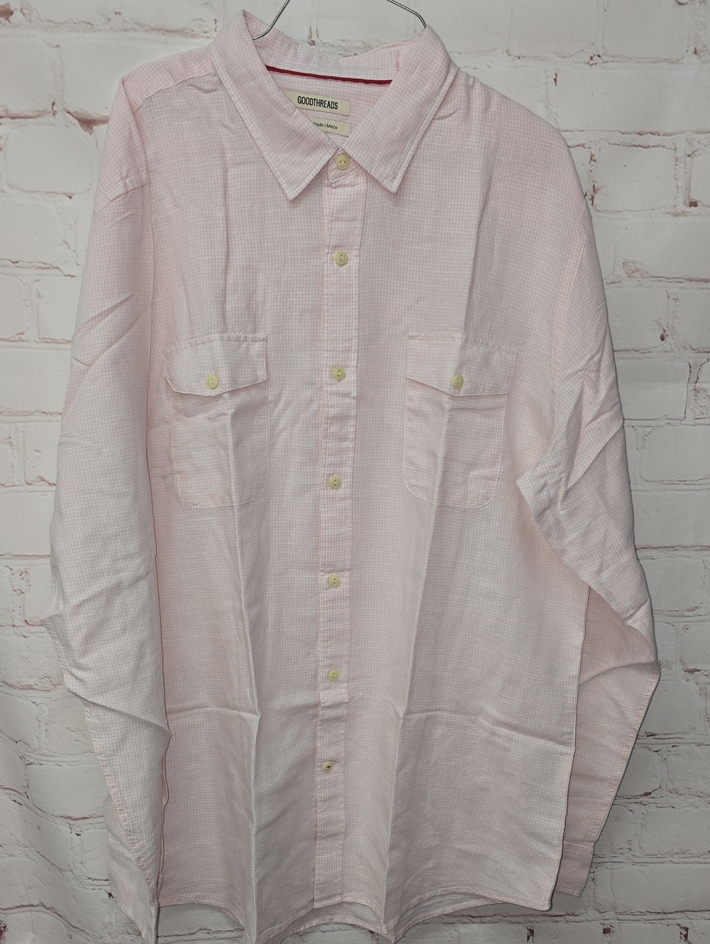 Goodthread Buttoned Down Linen Shirt Light Pink Plaid Slim Fit Men’s Size XL NWT